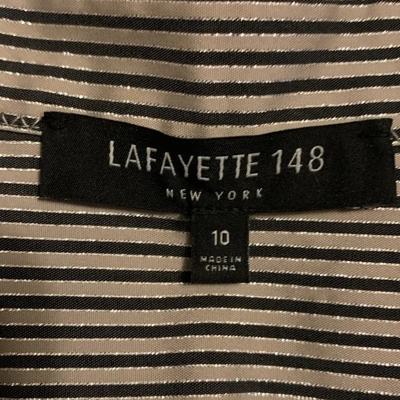 LAFAYETTE 148 NY Stripe Shimmer Button Down Long Sleeve Blouse Black Beige SZ 10 - Picture 9 of 16